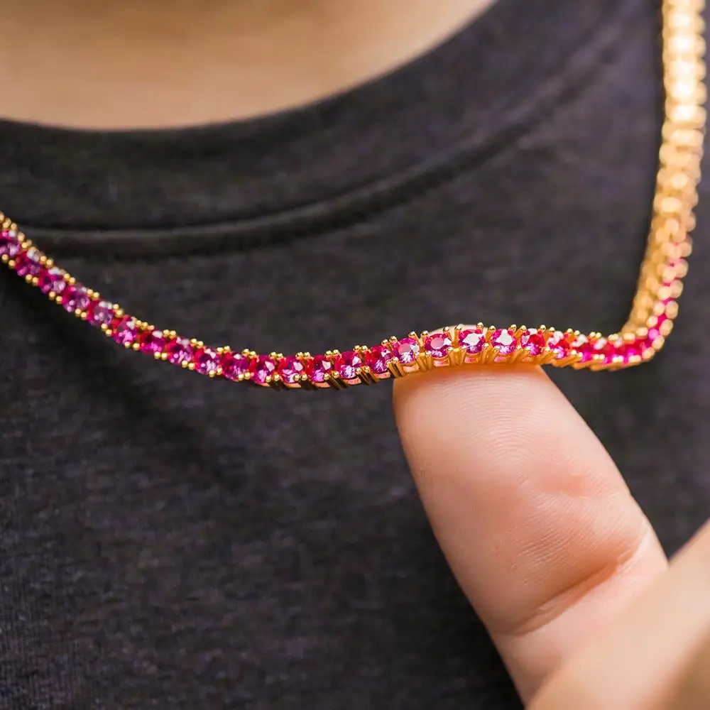 2021 Round Cut Iced Out 3MM Ruby Pink Cubic Zirconia CZ Tennis Chain Hiphop Top Quality Gold Color Necklace Cool Men Boy Jewelry
2021 Round Cut Iced Out 3MM Ruby Pink Cubic Zirconia CZ Tennis Chain Hiphop Top Quality Gold Color Necklace Cool Men Boy Jewelry