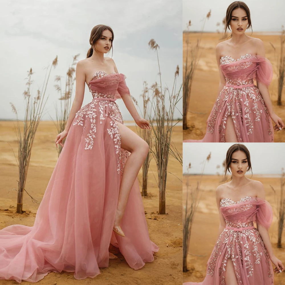 2022 Pink A Line Evening Dresses Sexy High Side Split Lace Appliqued Sequined Prom Dress Sweep Train Formal Party Gowns
2022 Pink A Line Evening Dresses Sexy High Side Split Lace Appliqued Sequined Prom Dress Sweep Train Formal Party Gowns