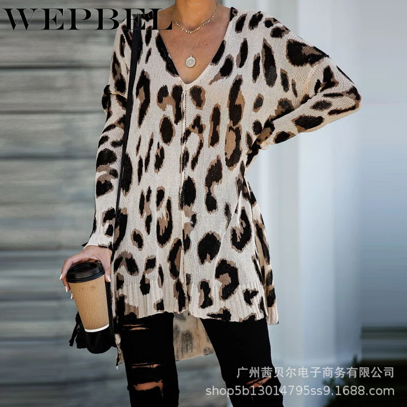 WEPBEL Women Autumn Sexy Leopard Print Knitted Sweater Pullover Casual Ladies Long Sleeve V Neck Irregular Loose Knitwear Top
WEPBEL Women Autumn Sexy Leopard Print Knitted Sweater Pullover Casual Ladies Long Sleeve V Neck Irregular Loose Knitwear Top