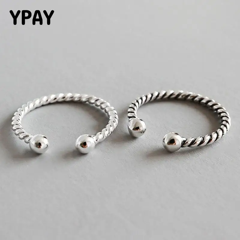 

YPAY 100% 925 Sterling Silver Open Ring For Women Braid Pattern Twist Rope Retro Style Double Beads Rings Bijoux Femme YMR534