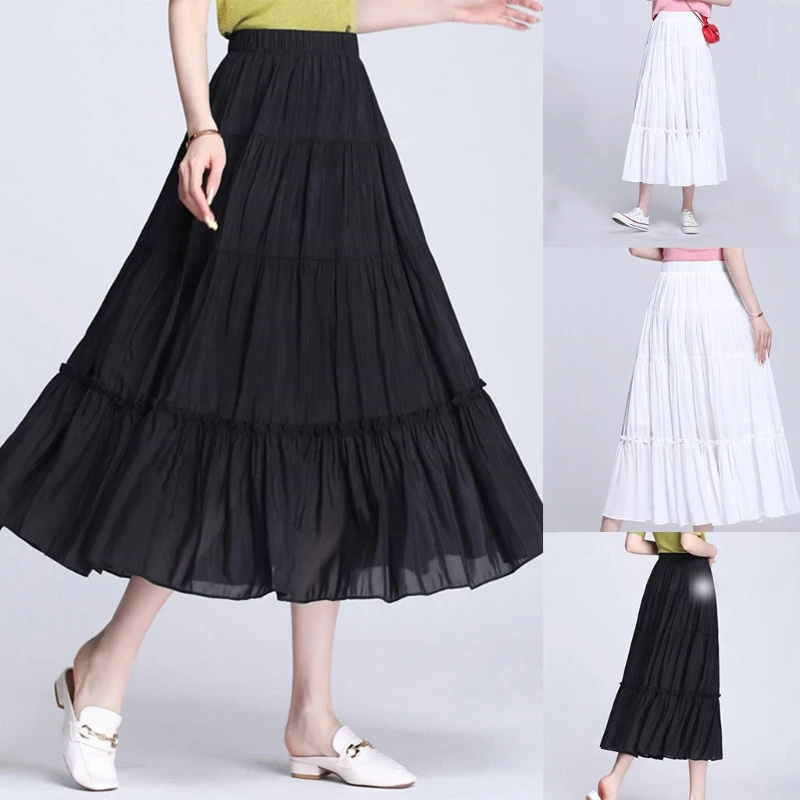 

Women Summer Elegant Elastic High Waist A-Line Maxi Long Skirt Black White Tiered Pleated Flared Hem Loose Swing Flowy