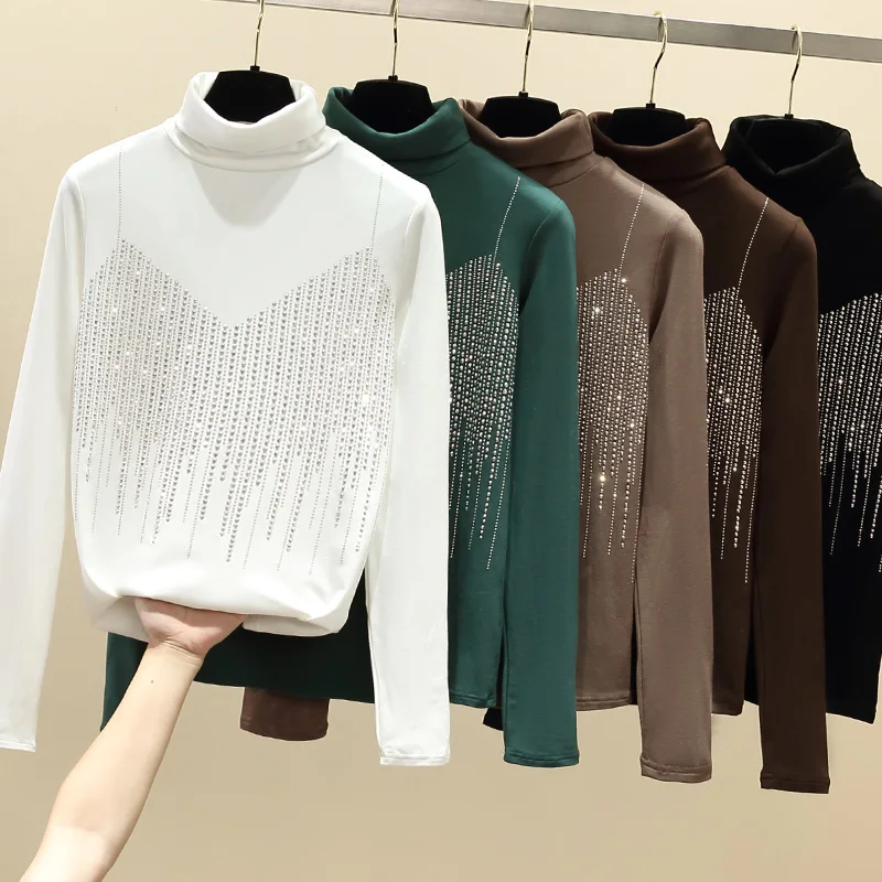 Turtleneck Thick Velvet Long Sleeve T-Shirt Women 2021 Autumn All-Match Slim Diamond Tops Female Tshirts Korean Fashion Clothes
Turtleneck Thick Velvet Long Sleeve T-Shirt Women 2021 Autumn All-Match Slim Diamond Tops Female Tshirts Korean Fashion Clothes