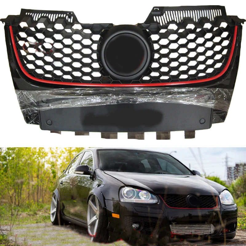 

Fit for Volkswagen Golf MK 5GTI Bumper 2005-2011 ABS Front Bumper Grille Red Strip Center Hood Grills honeycomb gloss grill