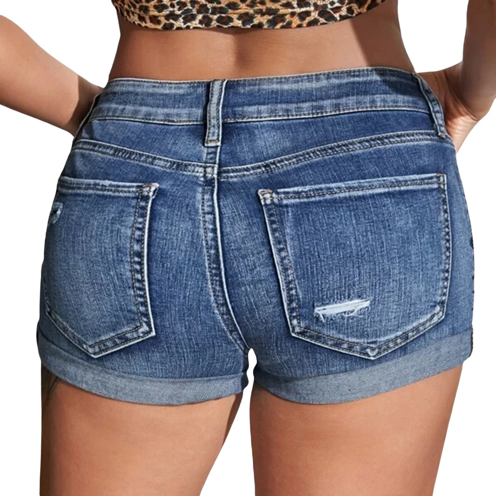 

New Arrival Stylish Womens Ripped Denim Shorts, Casual Mid Waist Rolled Cuff Distressed Stretchy Short Jeans