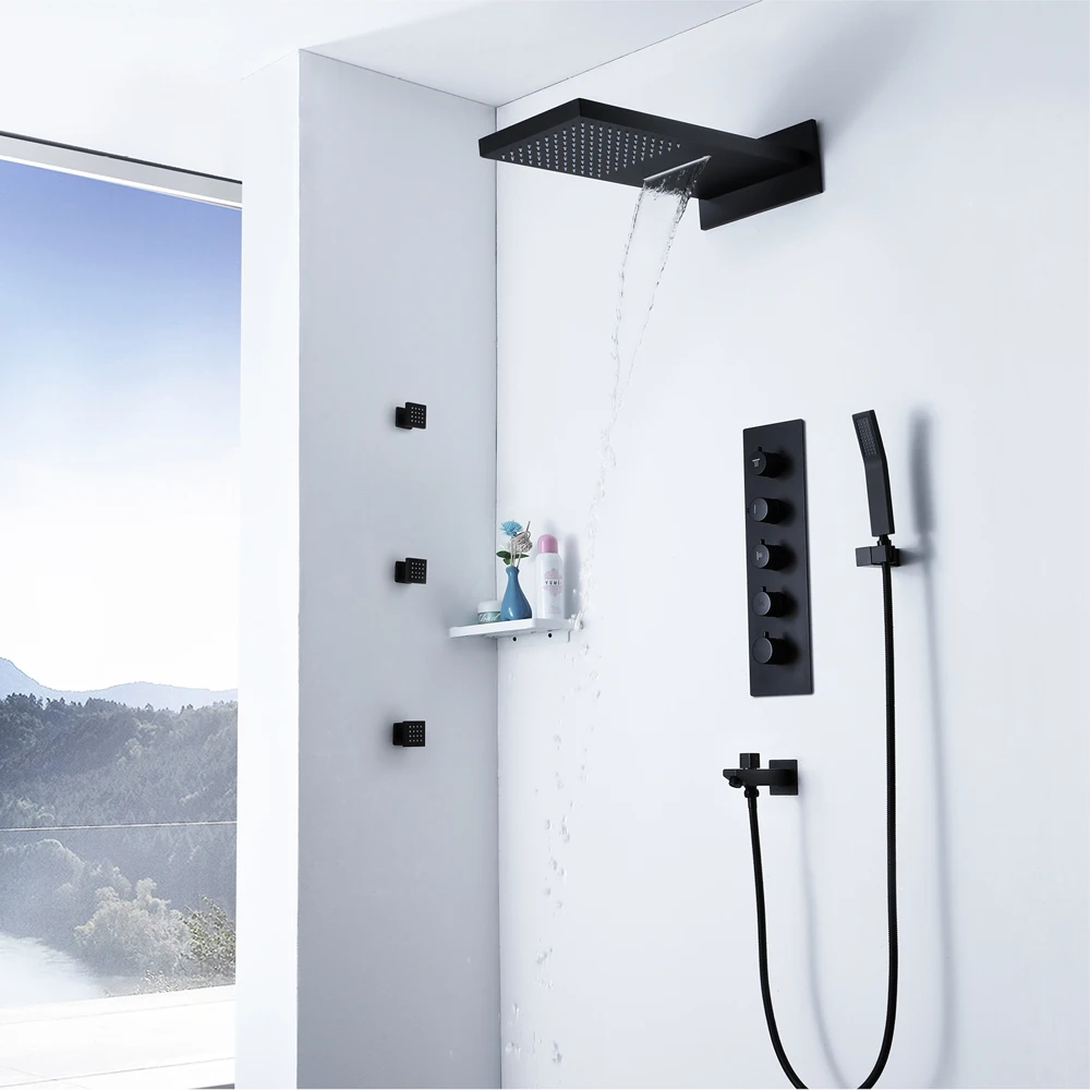 Black Shower Faucet Wall Mounted Rain and Waterfall Shower Head Thermostatic Shower Valve Bathroom Shower Set with Hand Body Jet
Black Shower Faucet Wall Mounted Rain and Waterfall Shower Head Thermostatic Shower Valve Bathroom Shower Set with Hand Body Jet