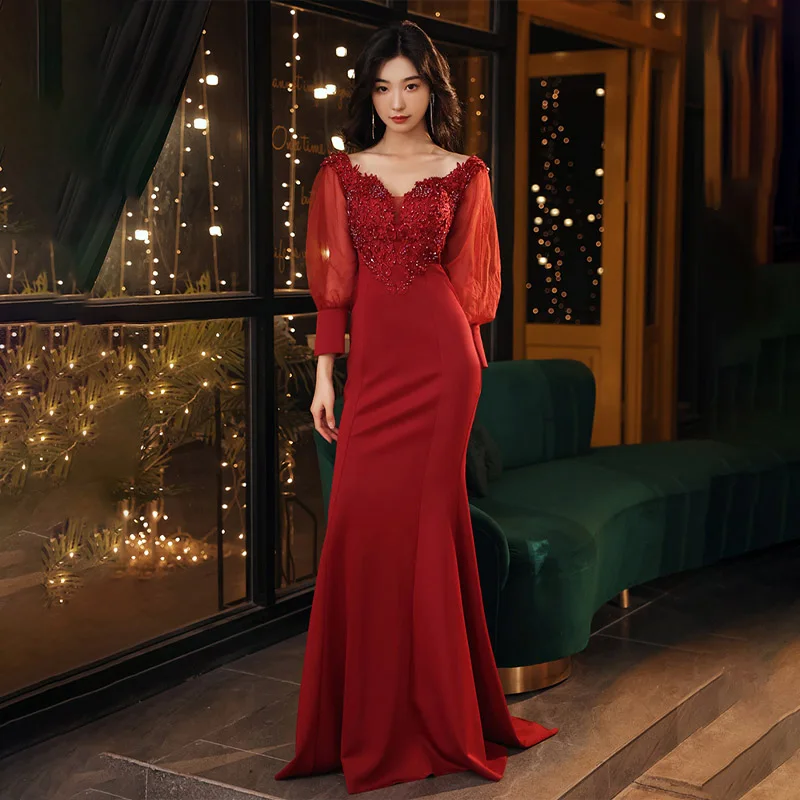 Burgundy Floral Print V-Neck Evening Dresses Full Sleeves Mermaid Fashion Floor-length Plus size Women Formal Party Dress C1079 
Burgundy Floral Print V-Neck Evening Dresses Full Sleeves Mermaid Fashion Floor-length Plus size Women Formal Party Dress C1079
