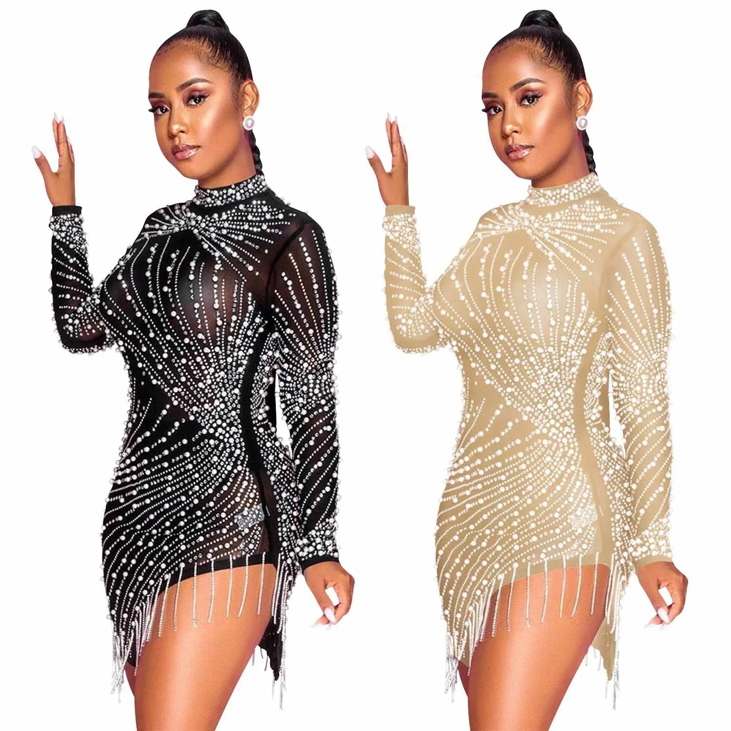 

SUJYing New Sexy Nightclub Screen Perspective Drill Bubble Bead Tassel Round Neck Long Sleeve Dress