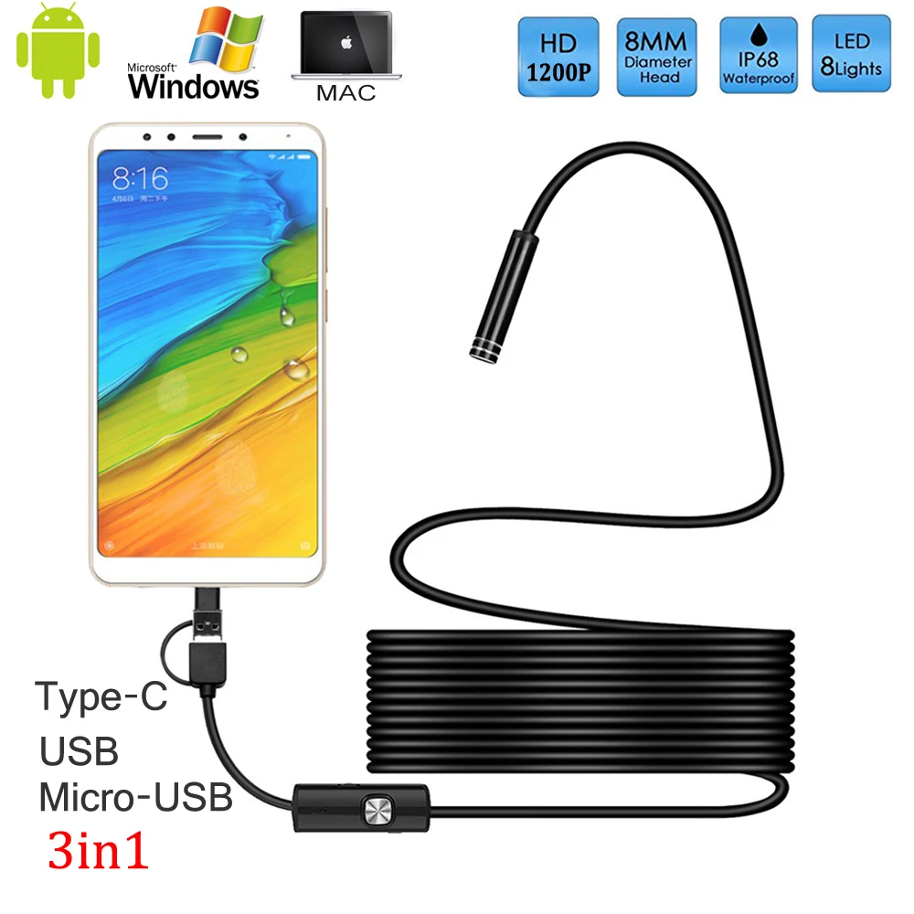 Mini Camera Endoscope HD 1200P IP68 5M Hard Flexible Tube Mirco USB Type-C Borescope Video Inspection for Android Car Endoscope
Mini Camera Endoscope HD 1200P IP68 5M Hard Flexible Tube Mirco USB Type-C Borescope Video Inspection for Android Car Endoscope