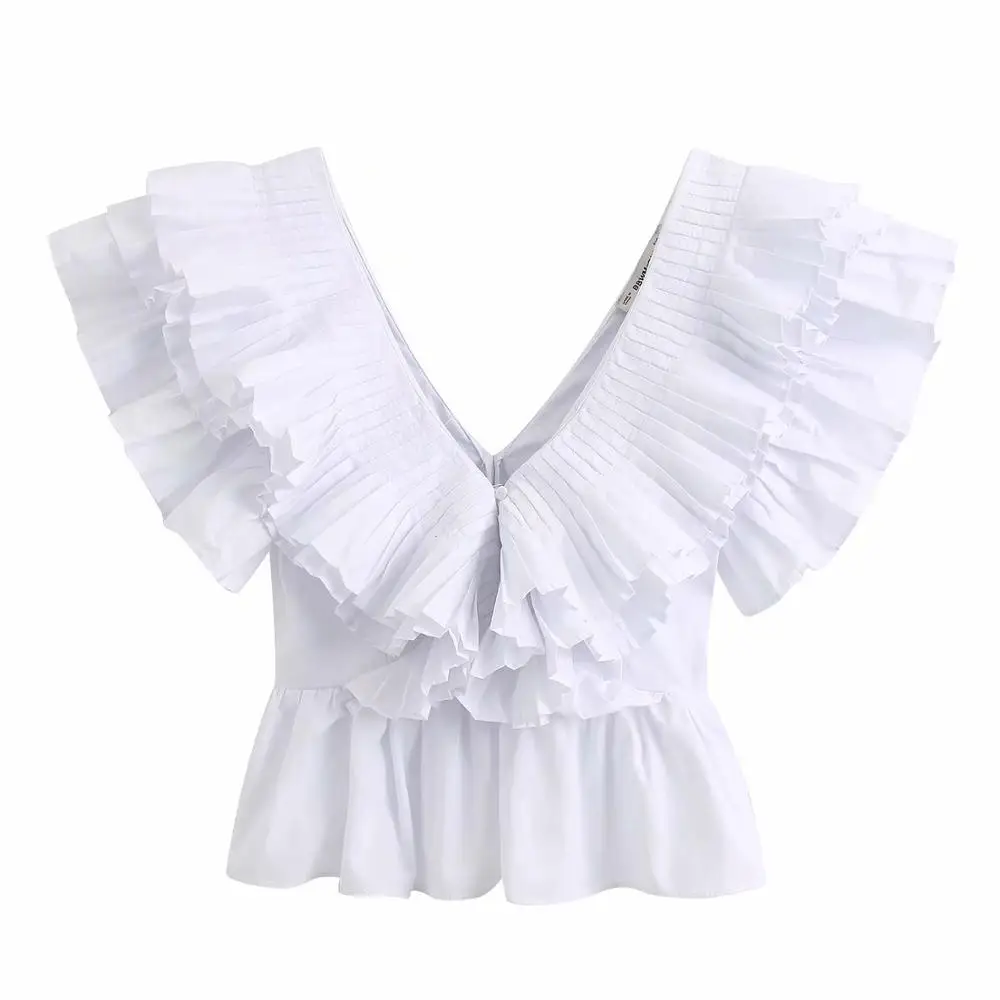 New Women solid v neck pleated ruffles casual white smock blouse ladies chic butterfly sleeve poplin femininas shirt tops LS6380 
New Women solid v neck pleated ruffles casual white smock blouse ladies chic butterfly sleeve poplin femininas shirt tops LS6380