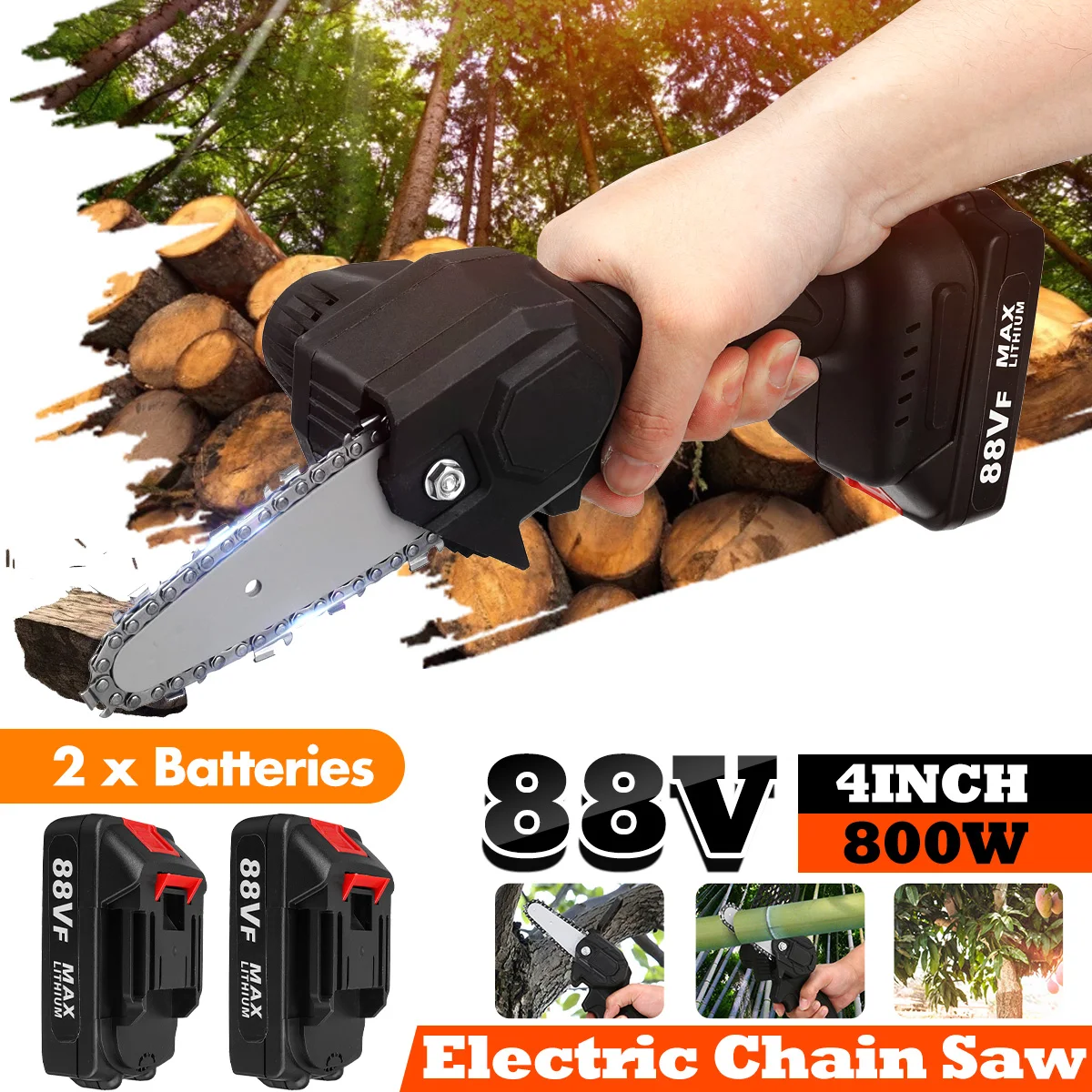 800W 88V 4 Inch Mini Electric Saw Chainsaw For Fruit Tree Woodworking Pruning Saw One-handed Garden Tool With Li-ion Batterys
800W 88V 4 Inch Mini Electric Saw Chainsaw For Fruit Tree Woodworking Pruning Saw One-handed Garden Tool With Li-ion Batterys