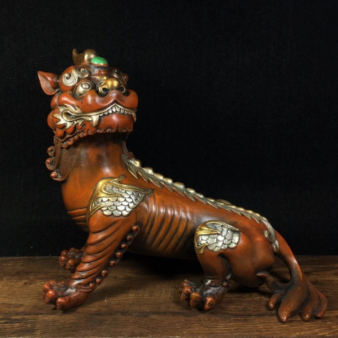 9" Tibet Buddhism Old Bronze Gilt Real gold silver Divine Beast Unicorn Tiger Head Ward off evil spirits Town House
9" Tibet Buddhism Old Bronze Gilt Real gold silver Divine Beast Unicorn Tiger Head Ward off evil spirits Town House