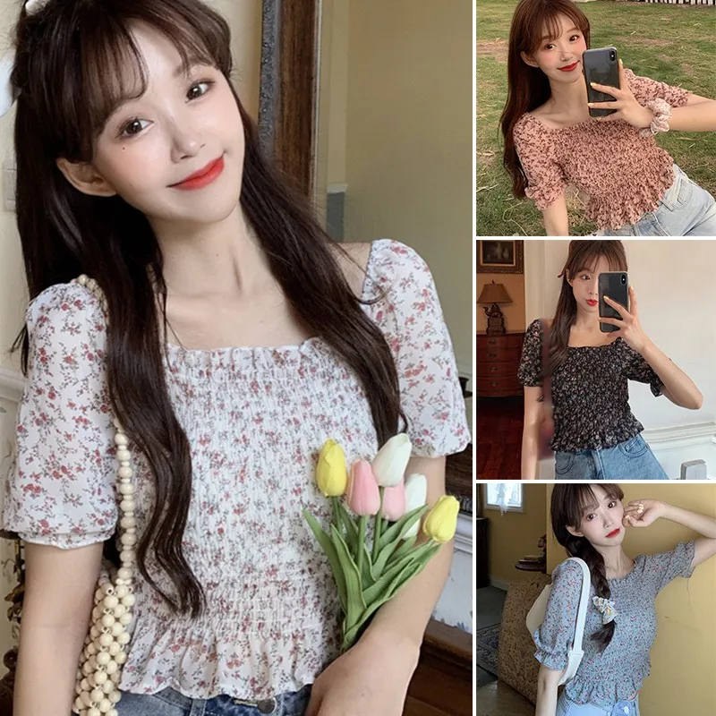 Summer Women Girl Chiffon Shirt Fashion Sweet Bandage Stretch Floral Print Tops Women Square Collar Short Sleeve Blouse Hot 2020
Summer Women Girl Chiffon Shirt Fashion Sweet Bandage Stretch Floral Print Tops Women Square Collar Short Sleeve Blouse Hot 2020