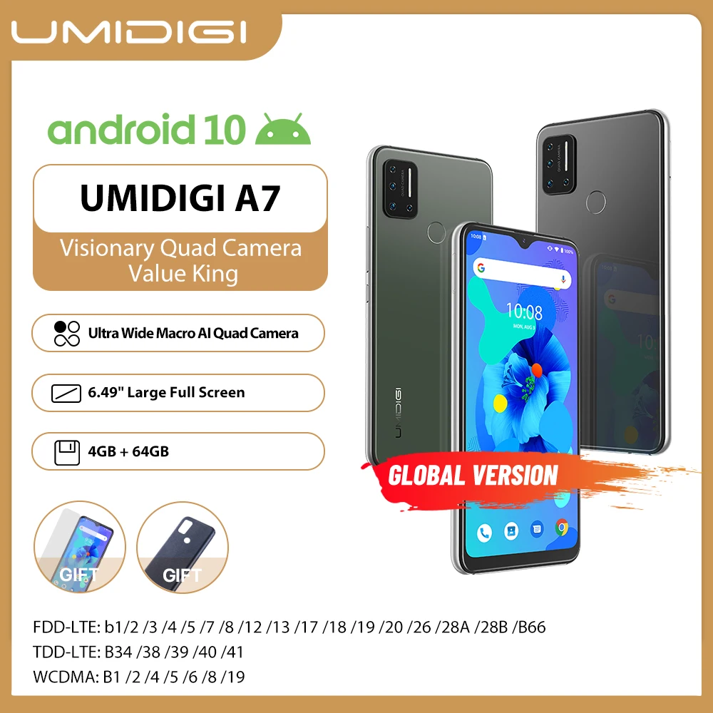 UMIDIGI A7 смартфон глобальная версия Android 10 OS 6 49 ''доя больших полных Экран 4 Гб 64