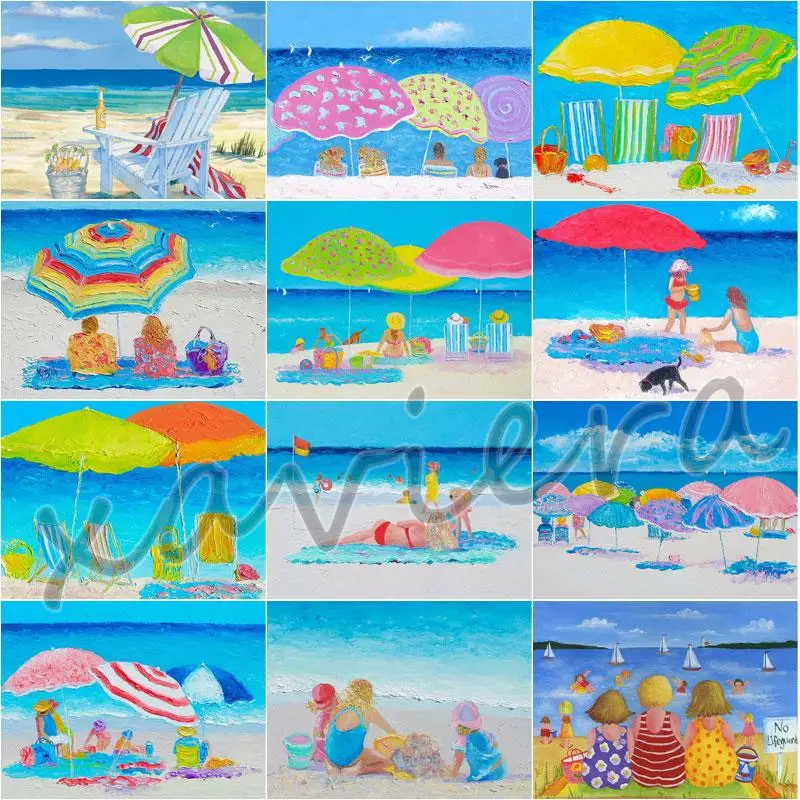 

Diy 5D Cartoon Diamond Painting Sun Umbrella Beach Seaside Mosaic Embroidery Summer Holiday Rhinestone Picture Handmade Artwork