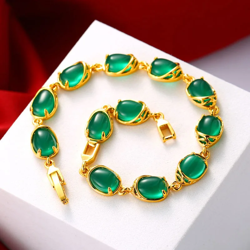 

Vintage Emerald Women Bracelet Ruby Charm 24K Gold Plated Cuff Chain Fashion Jewelry Hand Accessories Beauty Wristband Ornament