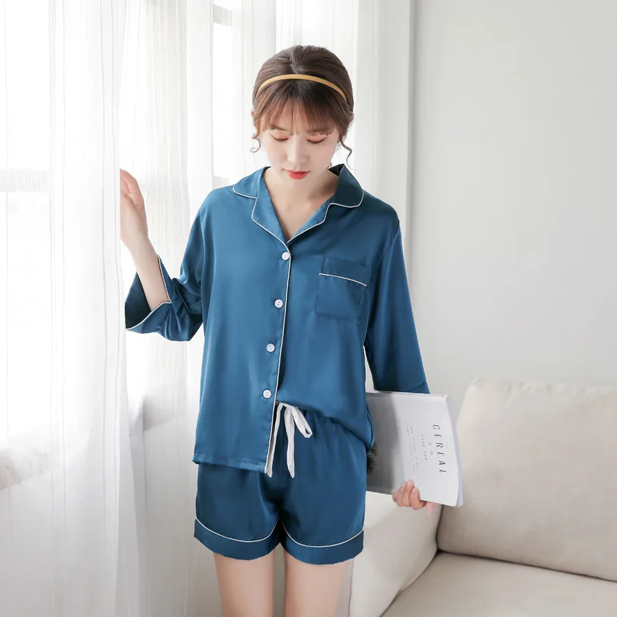 Spring 2021 New Ice Silk Pajamas Two Piece Set Women's Shorts 7 / 4 Sleeve Thin Home Wear Set Student Boudoir Sleep Tops 
Spring 2021 New Ice Silk Pajamas Two Piece Set Women's Shorts 7 / 4 Sleeve Thin Home Wear Set Student Boudoir Sleep Tops