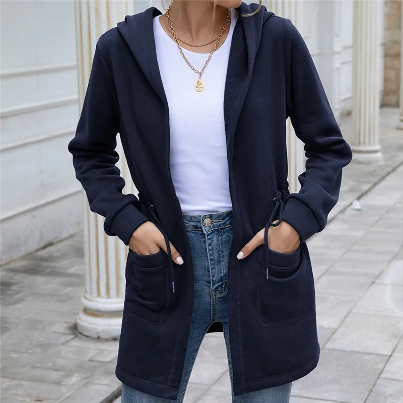 Women's Solid Color Hooded Jacket Long-sleeved Pockets High-waisted Long Trench Coat Autumn Winter Female Warm Clothing
Women's Solid Color Hooded Jacket Long-sleeved Pockets High-waisted Long Trench Coat Autumn Winter Female Warm Clothing