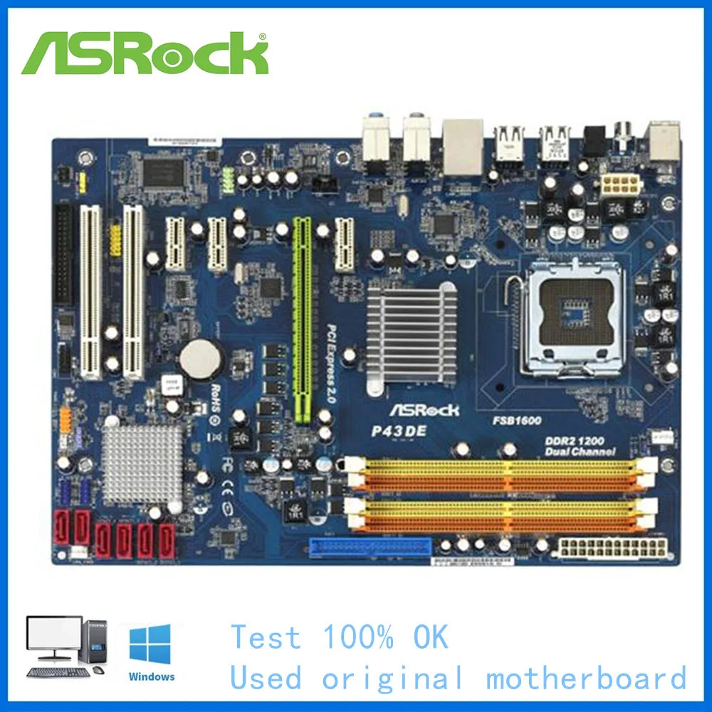 Фото Для материнской платы ASRock P43DE LGA 775 DDR2 P43 б/у материнская плата SATA2 PCI-E X16 2 0 |