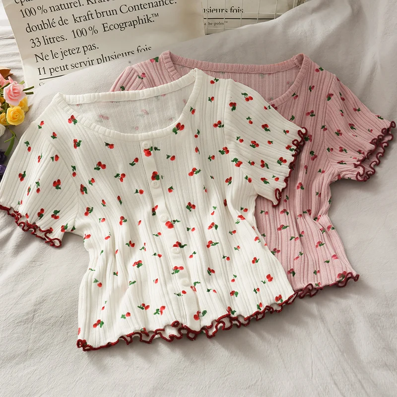HELIAR женские рубашки с принтом вишни топы коротким рукавом повседневные милые