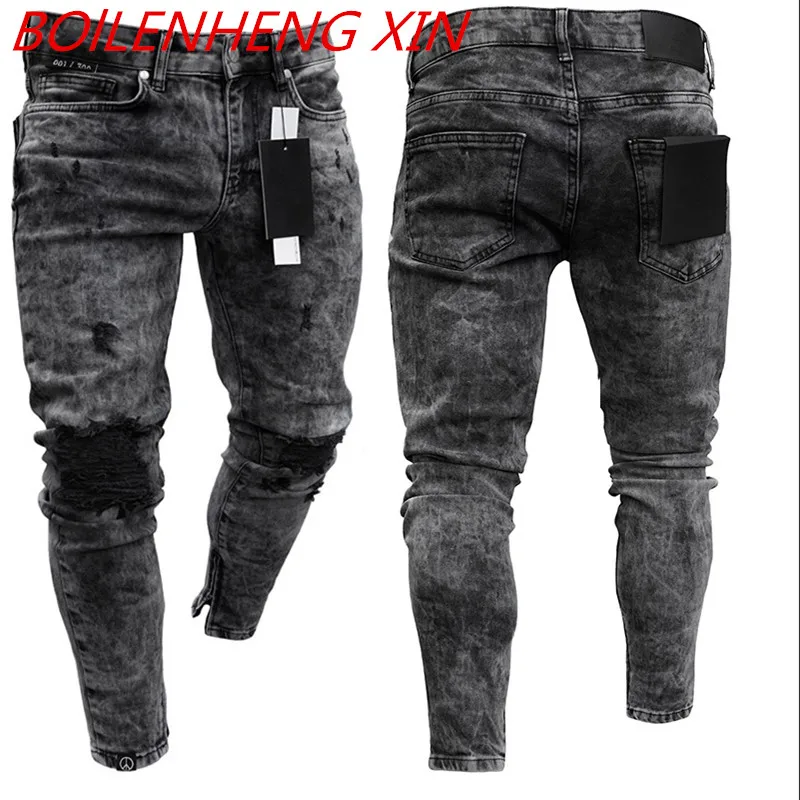 

Streetwear Fashion Men broken Hole Jeans Black Color Spliced Designer Hip Hop Punk Pants High Quality Slim Fit Biker Jeans