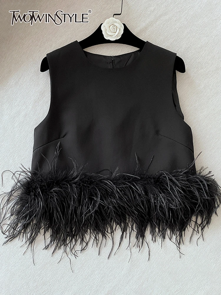 TWOTWINSTYLE Black Tank Tops For Women Round Collar Sleeveless Solid Patchwork Feathers Hem Vests Female Korean Fashion Clothing
TWOTWINSTYLE Black Tank Tops For Women Round Collar Sleeveless Solid Patchwork Feathers Hem Vests Female Korean Fashion Clothing