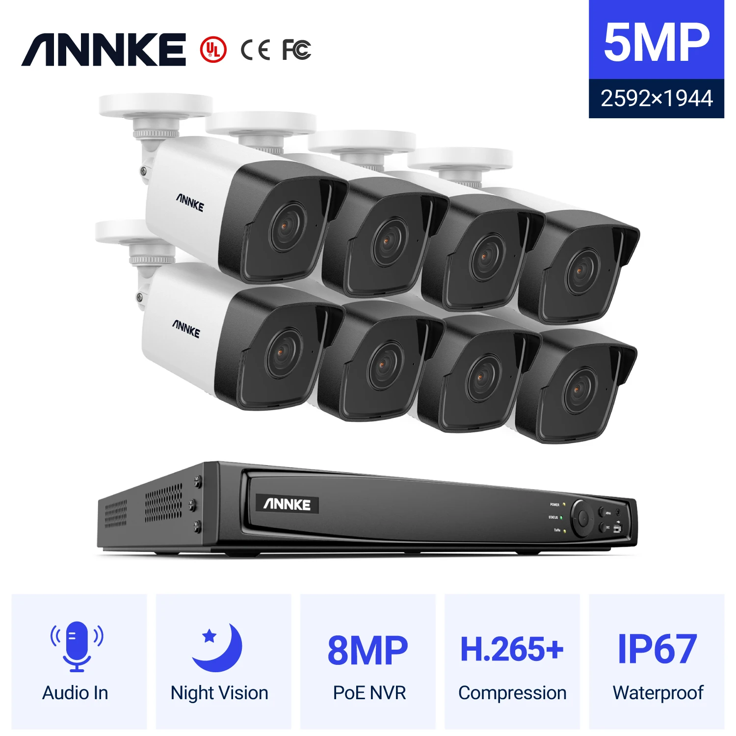 

ANNKE 16CH 5MP FHD POE Network Video Security System 8MP H.265+ NVR With 8PCS 5MP Bullet IP Camera Surveillance Cameras Audio in