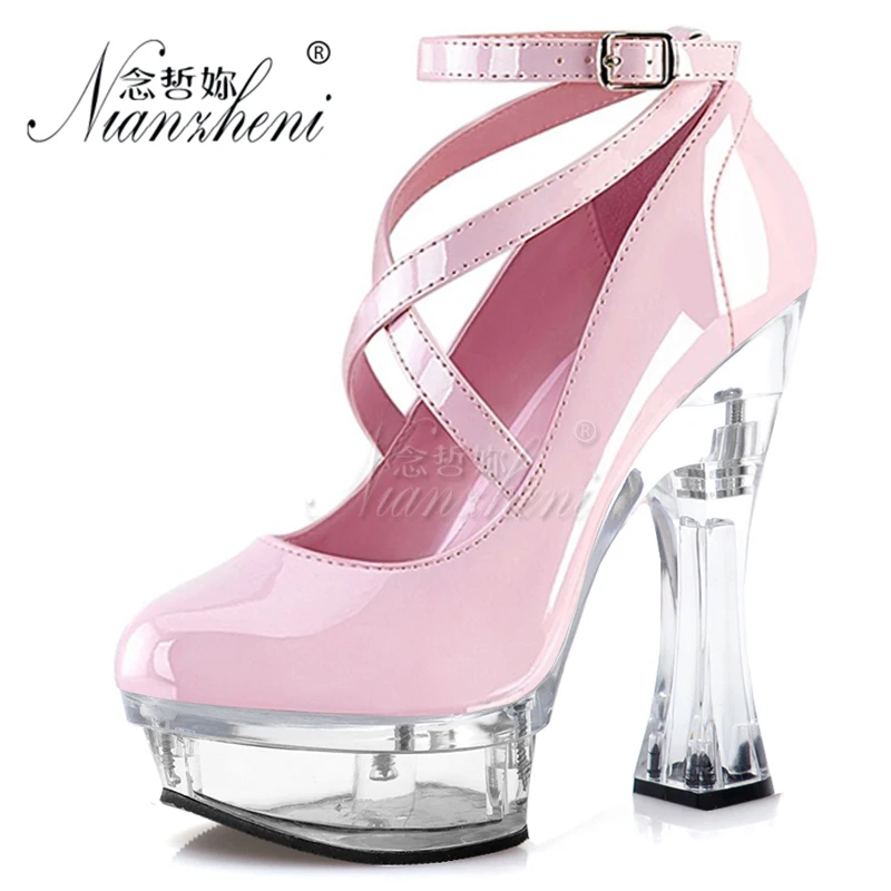 

14cm Super High Stripper Heeled Pole Dance Shoes Crystal Shallow Buckle Strap Pumps 6 Inches Party Big Size Queen Platform Show