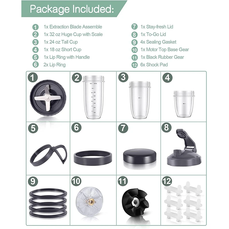21-Piece 32/24/18OZ Cups and Extractor Blade Replacement Parts Kit for NutriBullet 600W/900W Series Accessories
21-Piece 32/24/18OZ Cups and Extractor Blade Replacement Parts Kit for NutriBullet 600W/900W Series Accessories