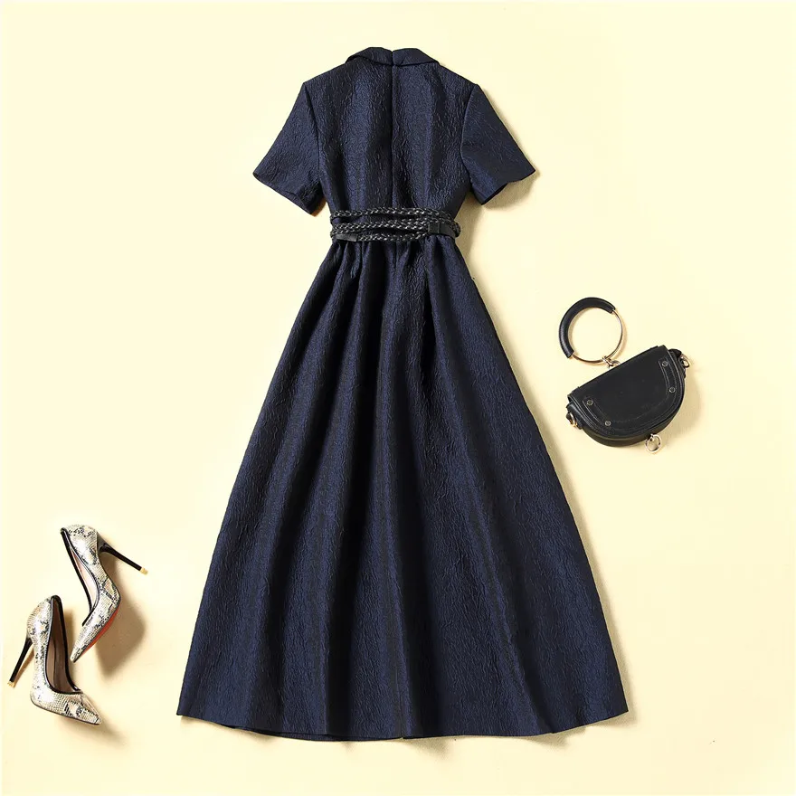 Summer Runway Midi Long Dress Women Short Sleeve Dark Blue Jacquard Pocket Belted Robe Femme Vestido De Mujer Casual
Summer Runway Midi Long Dress Women Short Sleeve Dark Blue Jacquard Pocket Belted Robe Femme Vestido De Mujer Casual
