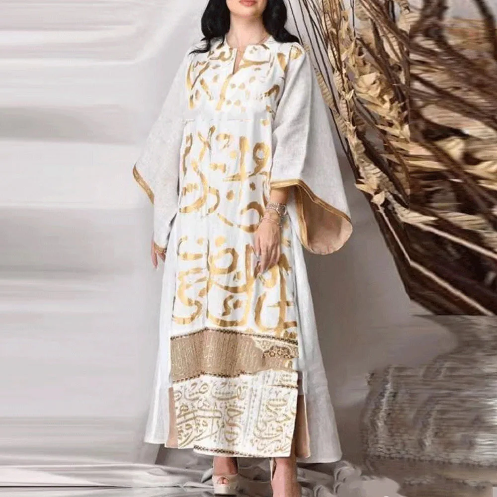 2021 Summer New Muslim Middle East Splicing Printing Flared Sleeves Split Fork Loose Casual Women's Dress
2021 Summer New Muslim Middle East Splicing Printing Flared Sleeves Split Fork Loose Casual Women's Dress