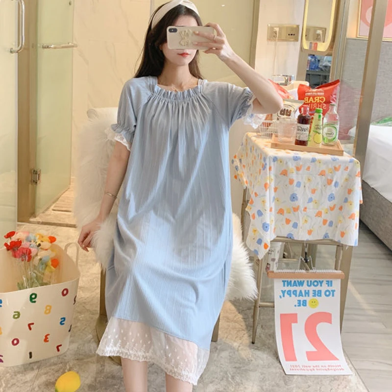 Women Cotton Sexy Lace Pajamas Casual Sleepwear Summer Short Sleeve Lingere Night Dress Cute Solid Color Sweet Girls Home Wear
Women Cotton Sexy Lace Pajamas Casual Sleepwear Summer Short Sleeve Lingere Night Dress Cute Solid Color Sweet Girls Home Wear