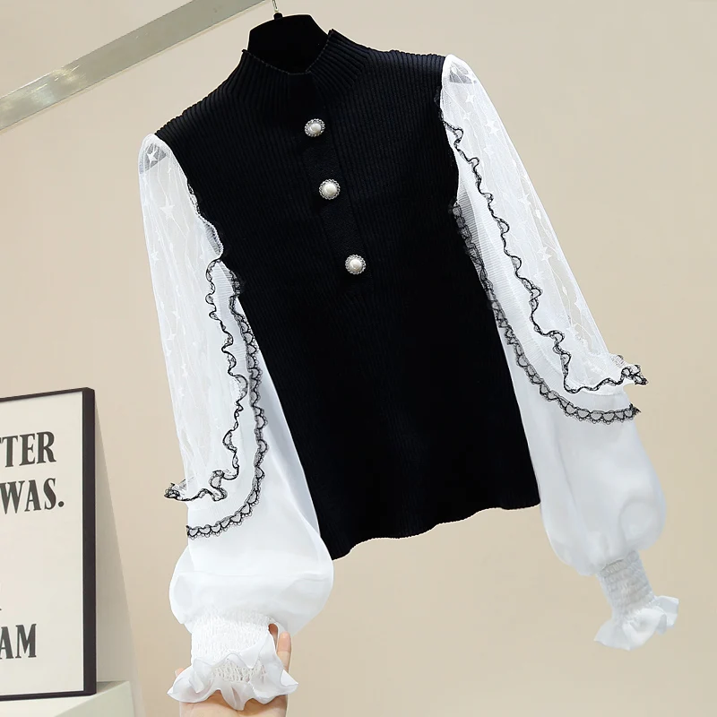 Fashion Mesh Patchwork Ruffled Knitted Shirt for Women 2021 Spring New Button Decoration Elegant Blouse Flared Sleeve Top Blusas
Fashion Mesh Patchwork Ruffled Knitted Shirt for Women 2021 Spring New Button Decoration Elegant Blouse Flared Sleeve Top Blusas
