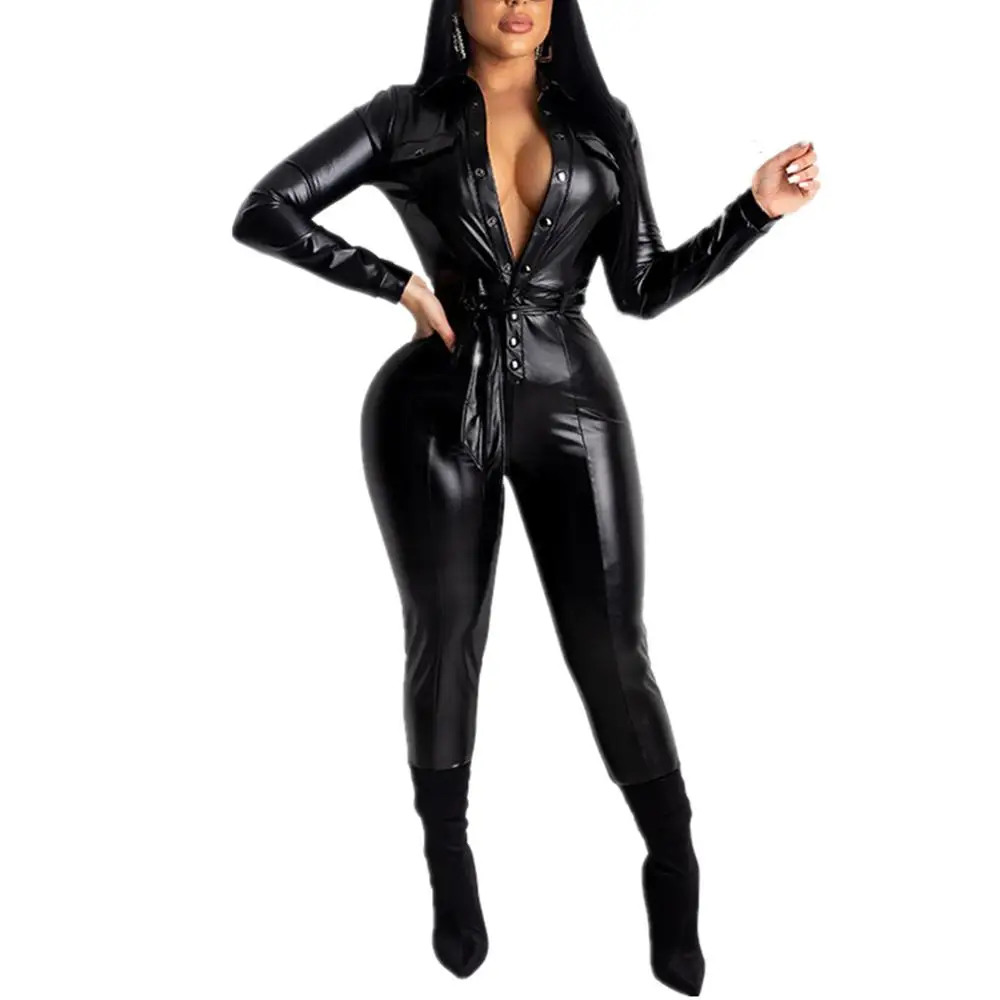 Women High Waist Long Sleeve Deep V-Neck PU Leather Jumpsuits Rompers Female Sexy Black Club Overalls Outfits
Women High Waist Long Sleeve Deep V-Neck PU Leather Jumpsuits Rompers Female Sexy Black Club Overalls Outfits