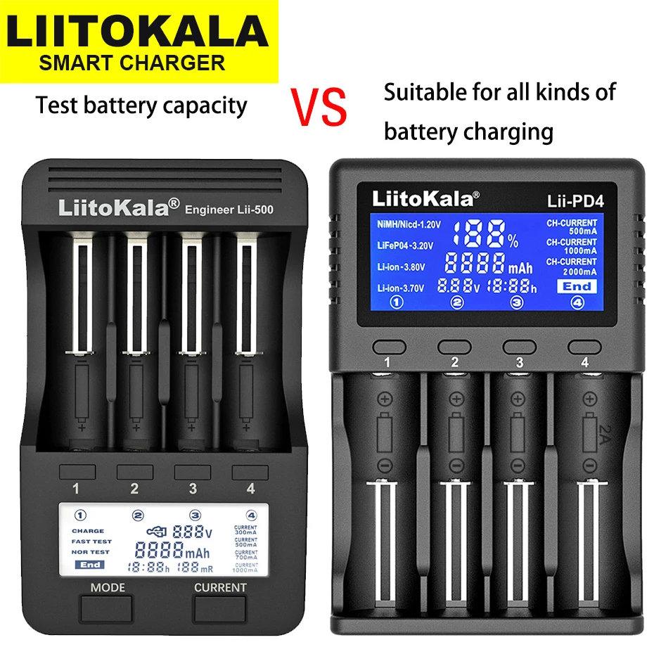 LiitoKala Lii-500 Lii-PD4 Classic LCD Smart Battery Charger for 18650 26650 21700 AA AAA 3.7V/3.2V/1.2V Lithium NiMH battery
LiitoKala Lii-500 Lii-PD4 Classic LCD Smart Battery Charger for 18650 26650 21700 AA AAA 3.7V/3.2V/1.2V Lithium NiMH battery