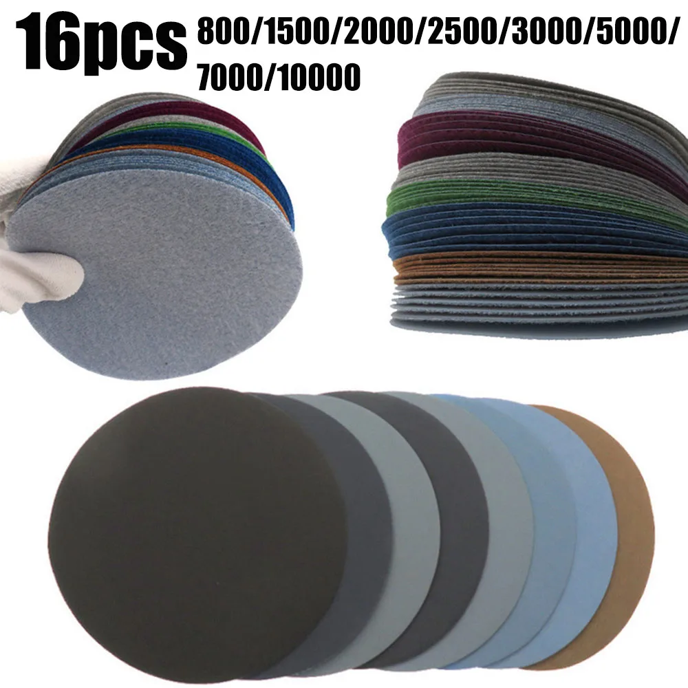 

16pcs 5inch 125MM Round Wet Water Sanding Discs Hook & Loop Flocking Sandpaper Sander Disc For Sanding Polishing 800-10000 Grits