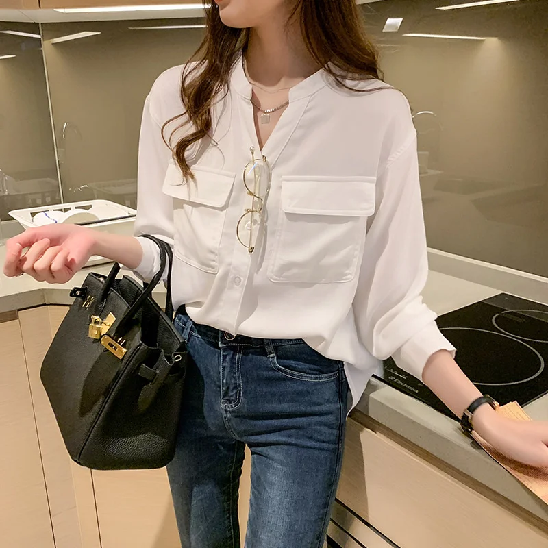 Shirt Women's 2021 Autumn New Style Loose Design Niche V-neck Chiffon Shirt White Shirt Simple Temperament Wm*
Shirt Women's 2021 Autumn New Style Loose Design Niche V-neck Chiffon Shirt White Shirt Simple Temperament Wm*