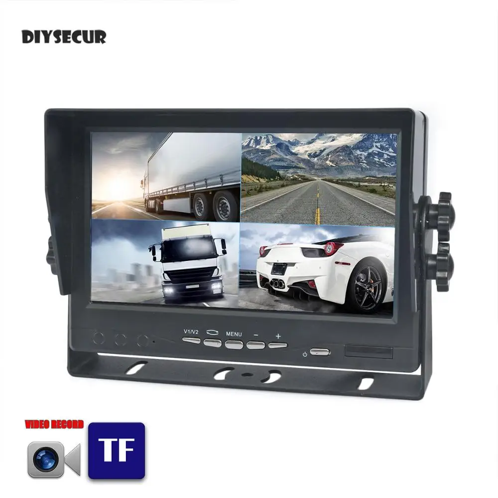 

DIYSECUR 1024*800 AHD 7" 4 Split Quad IPS Screen Rear View Car Monitor Support 4 x 960P AHD Camera with SD Card Video Recording