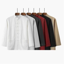 Retro Man Chinese Traditional Hanfu Shirt Solid Casual Kung Fu Uniforms Linen Cotton Tang Suit Male Long Sleeve Tai Chi Shirts