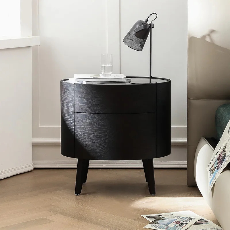 

Italian Minimalist Bedside Table Nordic Light Luxury Modern Simple Bedroom round Storage Cabinet Glass Double Drawer Side Table