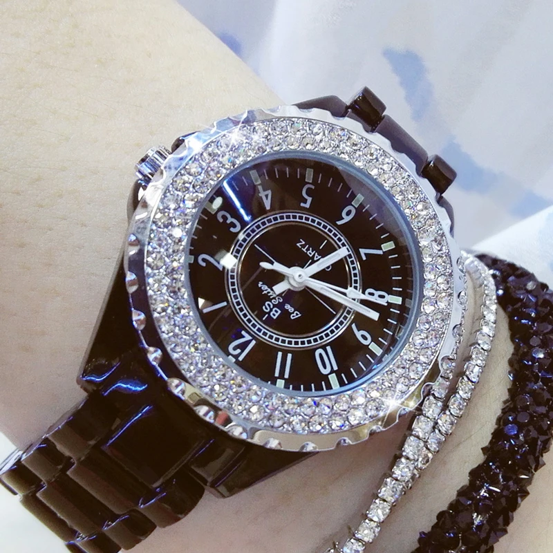 Женские наручные часы с бриллиантами черные керамические ремешком стразы