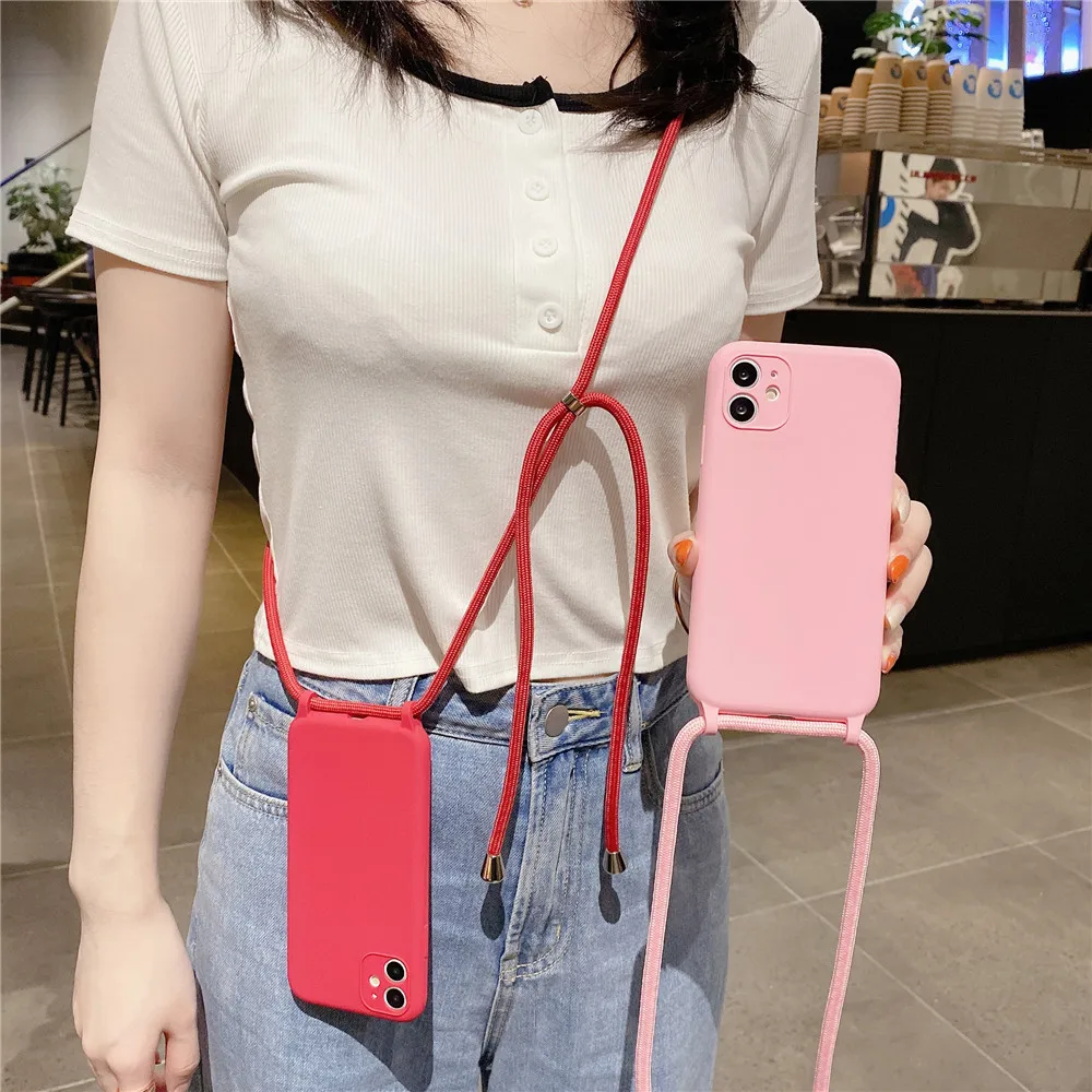 

Liquid Silicone Necklace Lanyard Phone Case For iPhone 12 mini 11 Pro Max XR XS Max X 7 8 Plus SE2 Crossbody Cord Rope Cover