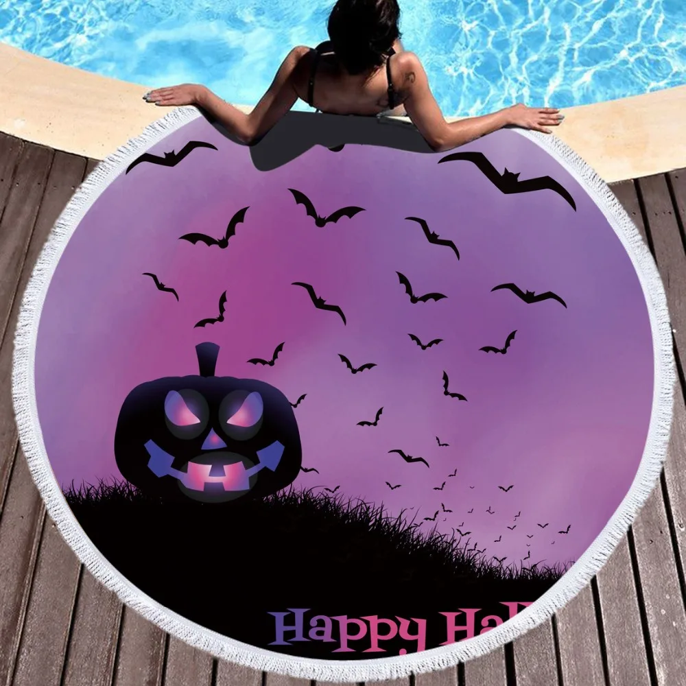 

Black Bat Halloween Round Beach Towel with Tassels 150cm Wall Tapestry Soft Microfiber Thick Terry Towel Yoga Mat Sport Tow