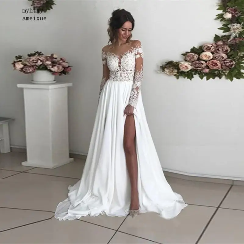 Фото Недорогое свадебное платье с длинным рукавом в стиле бохо 2020 вырез аппликация