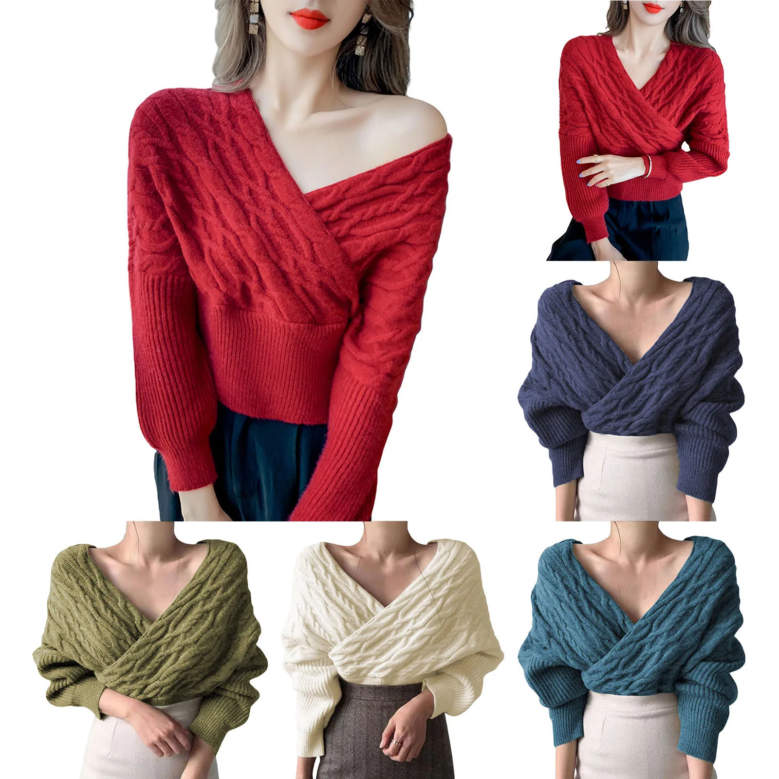 

Women Long Batwing Sleeves Sweater Plunging Neckline Solid Color Knitwear One Size Knitted Pullover