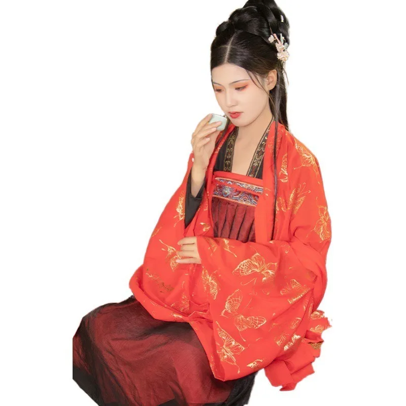 Autumn and winter Hanfu female ancient costume Chinese style improved super fairy bronzing large sleeves embroidered chest skirt 
Autumn and winter Hanfu female ancient costume Chinese style improved super fairy bronzing large sleeves embroidered chest skirt