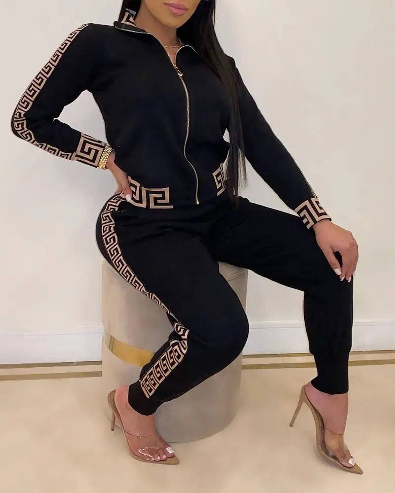 

2021 Tracksuits Women Elegant Two-Pieces Suit Sets Female Stylish Plus Size Greek Fret Print Coat & Pant Zip Sets Joggers Women