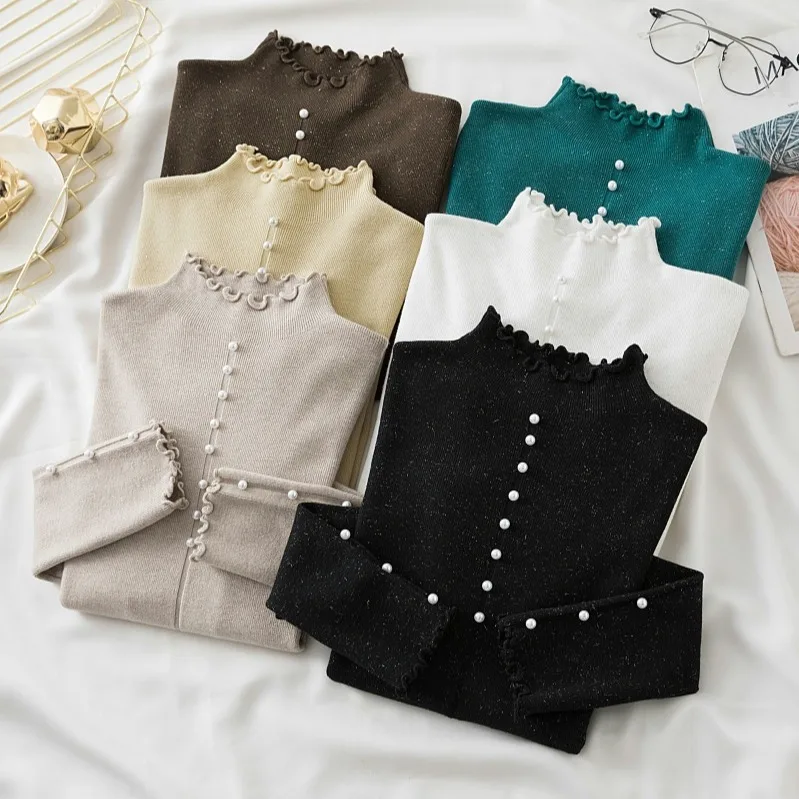 Women spring and autumn Korean half-high neck beaded long-sleeved bright silk knitted sweater with a bottoming shirt in the ears
Women spring and autumn Korean half-high neck beaded long-sleeved bright silk knitted sweater with a bottoming shirt in the ears