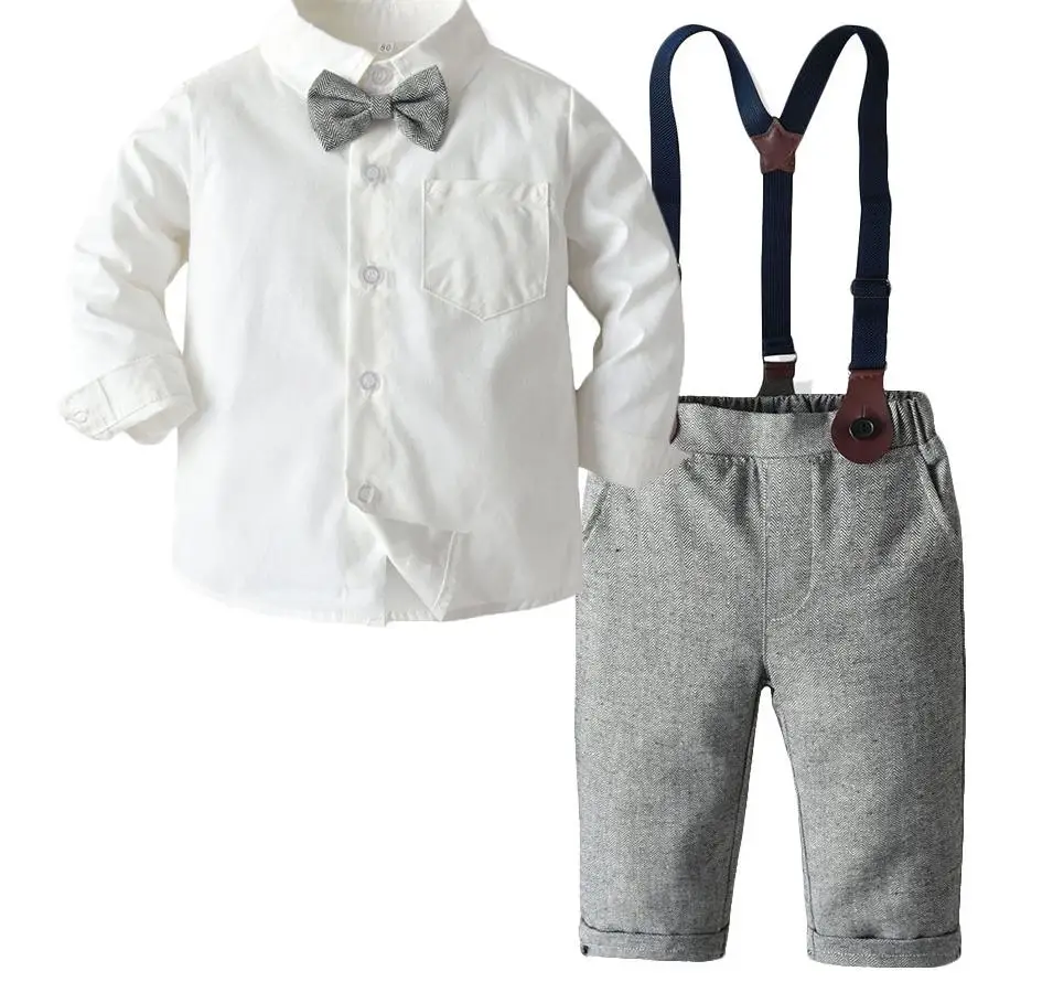

Top and Top Fashion Kids Clothing Sets Boy Gentleman Suit Long Sleeve White Bowtie Shirt+Overalls 2Pcs Clothes Outfits Tuxedo