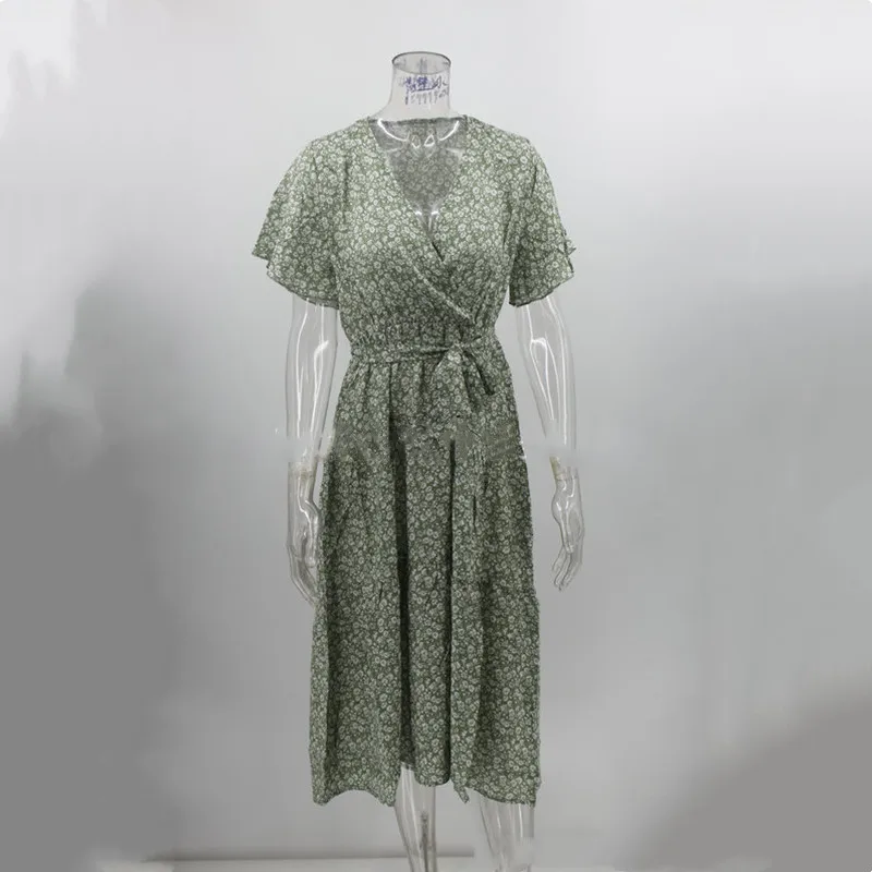 2021 Summer Casual Temperament Women's Short-Sleeved Floral Printed V-Neck Big Swing Dress Office Lady Lace-Up Maxi Dress Femme
2021 Summer Casual Temperament Women's Short-Sleeved Floral Printed V-Neck Big Swing Dress Office Lady Lace-Up Maxi Dress Femme