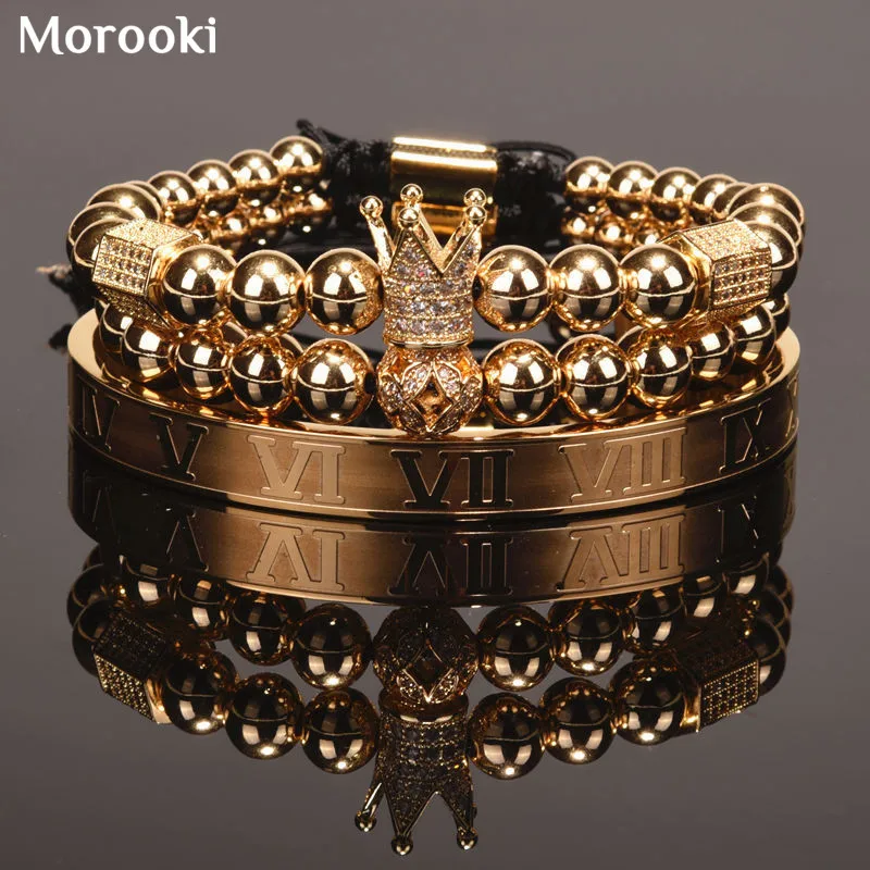 

3pcs/Set Luxury Crown Bracelet Pave Cubic Zirconia Ball Charms Copper Beads Men Cuff Roman Numeral Bracelets For Drop Shipping